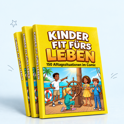 Drei Exemplare des deutschen Comicbuchs Kinder fit fürs Leben vor hellblauem Hintergrund