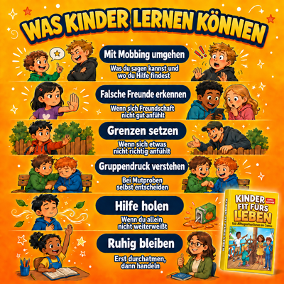Sechs Comic-Themen: Mobbing, Freundschaften, Grenzen, Gruppendruck, Hilfe und Ruhe