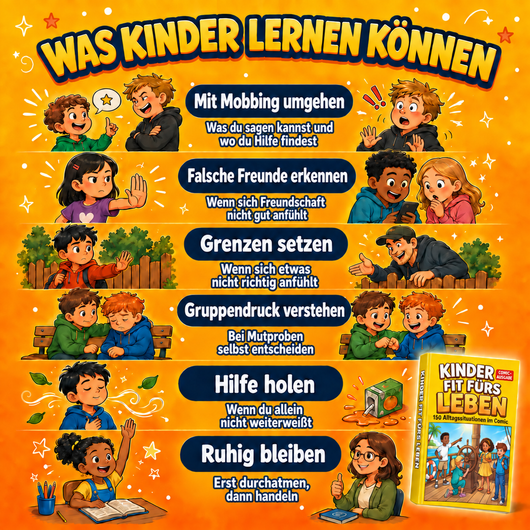 Sechs Comic-Themen: Mobbing, Freundschaften, Grenzen, Gruppendruck, Hilfe und Ruhe