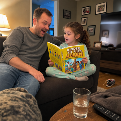 Illustrative Szene: Vater und Tochter lesen das deutsche Comicbuch auf dem Sofa