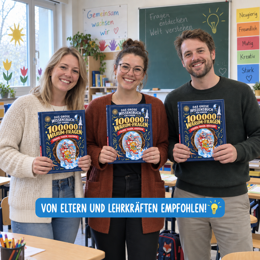 Inszenierte Klassenraumszene mit drei Erwachsenen und 100.000 Warum-Fragen; Von Eltern und Lehrkräften empfohlen