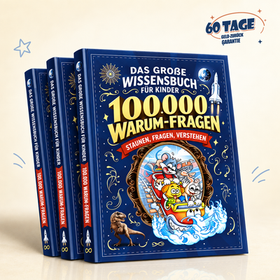 Drei deutsche Bücher 100.000 Warum-Fragen mit 60-Tage-Garantie rechts oben