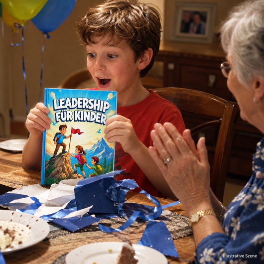 Illustrative Szene: Kind packt Leadership für Kinder aus